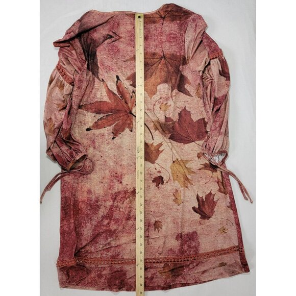 One World Leaf Print Dress Red M Medium Women's NEW long sleeve embroidered - Picture 10 of 11